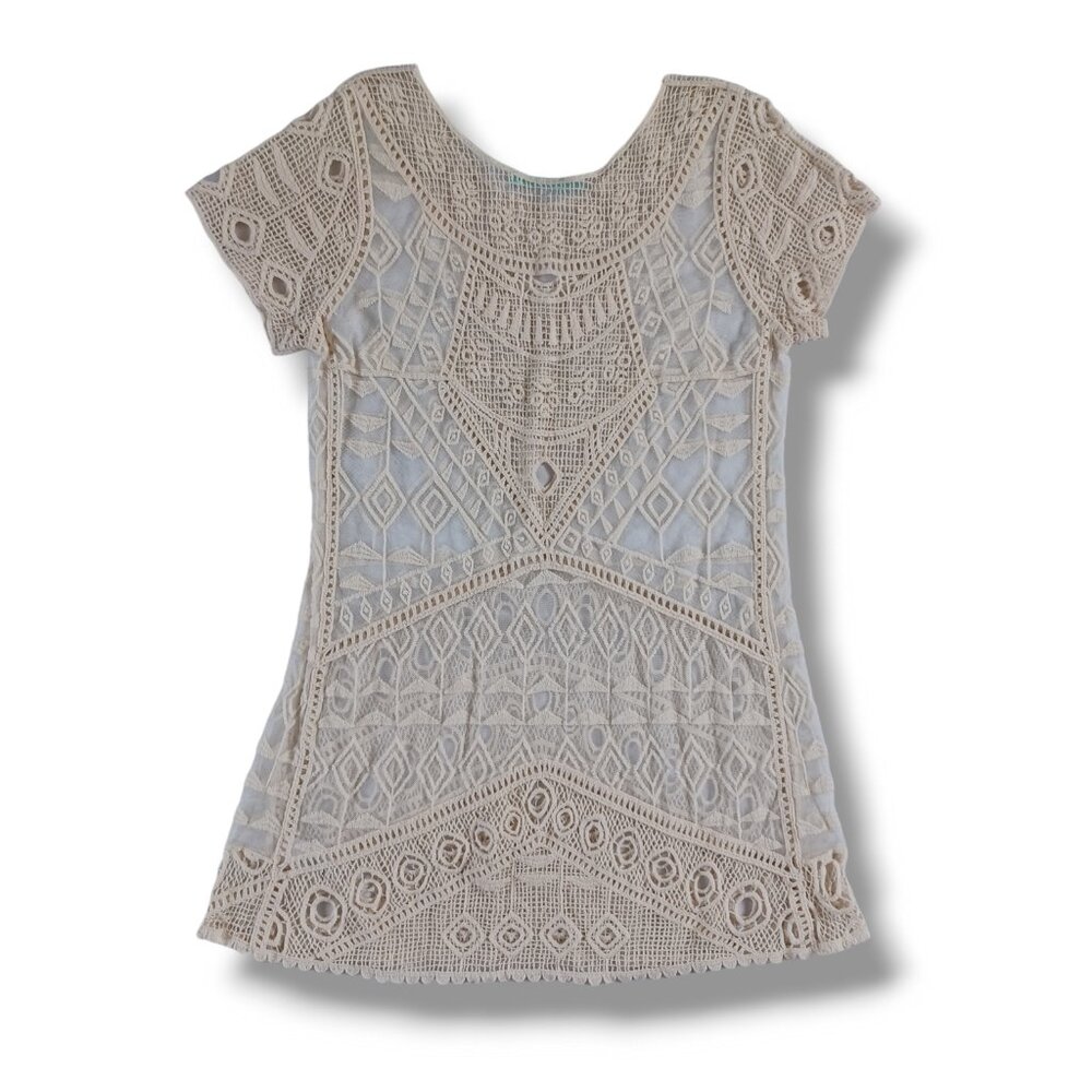 Maurices Womens Sheer Crochet Lace Mesh Tunic Top Cream Natural Size S - Picture 2 of 10